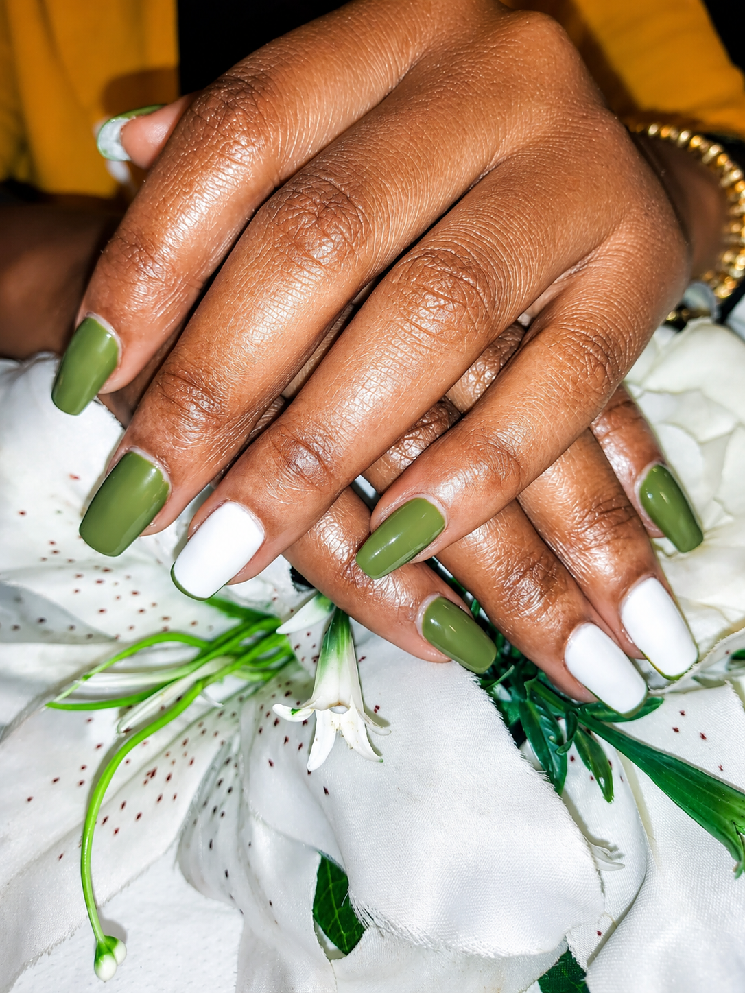 Olive green and white square manicure