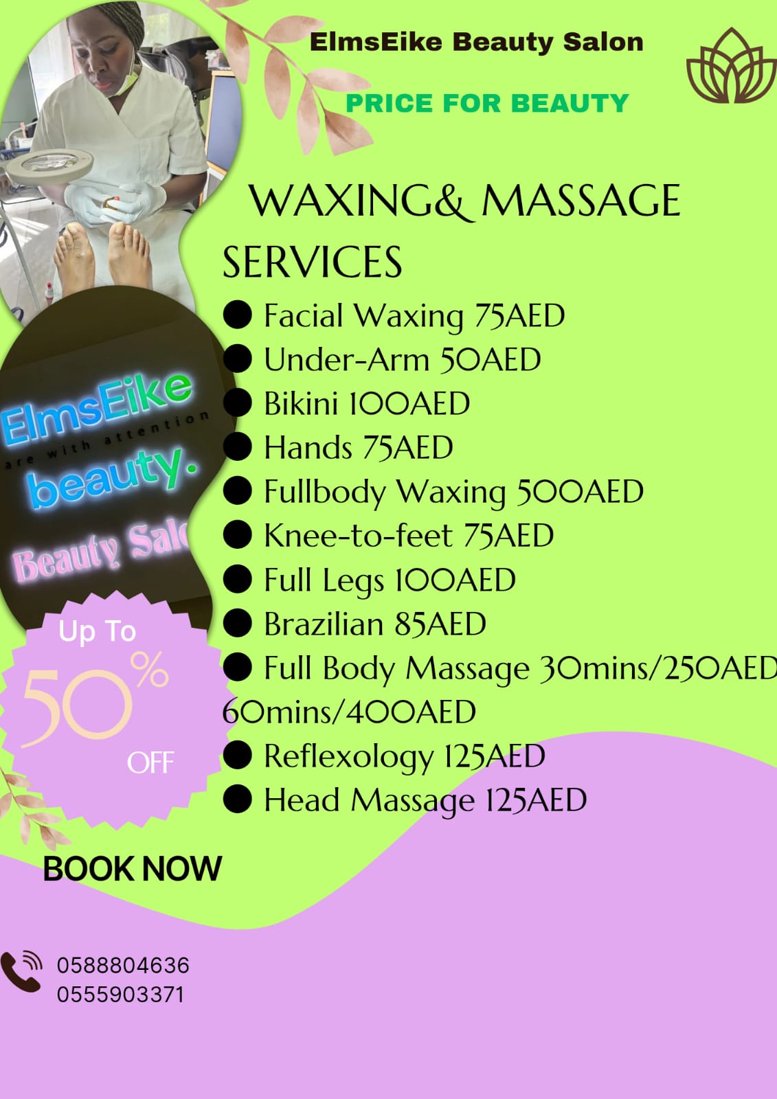 Waxing & Massage Services price list